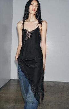 ZARA ZW Collection Navy Blue Asymmetrical Lace Slip Dress NWT Sizes M